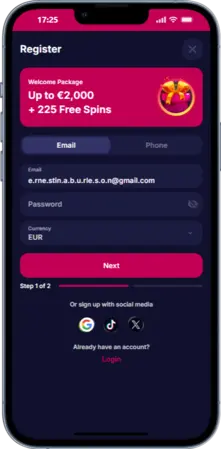 Volba e-mailu nebo telefonu NV Casino app
